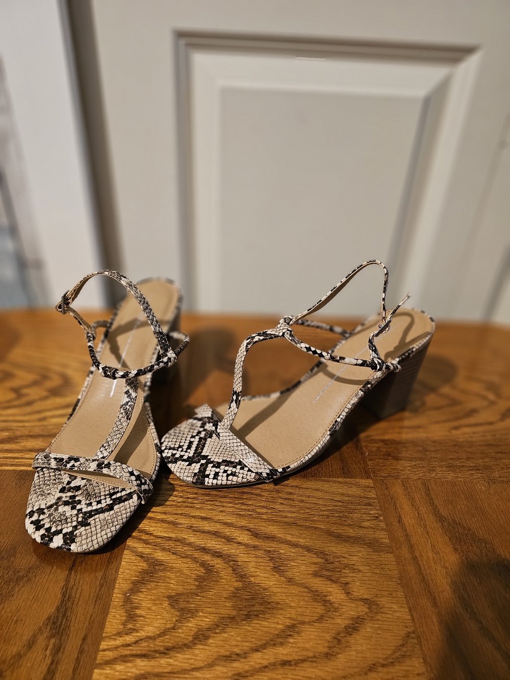 Report Snake-Print Strappy Block Heel Sandals - Black & White Sz8